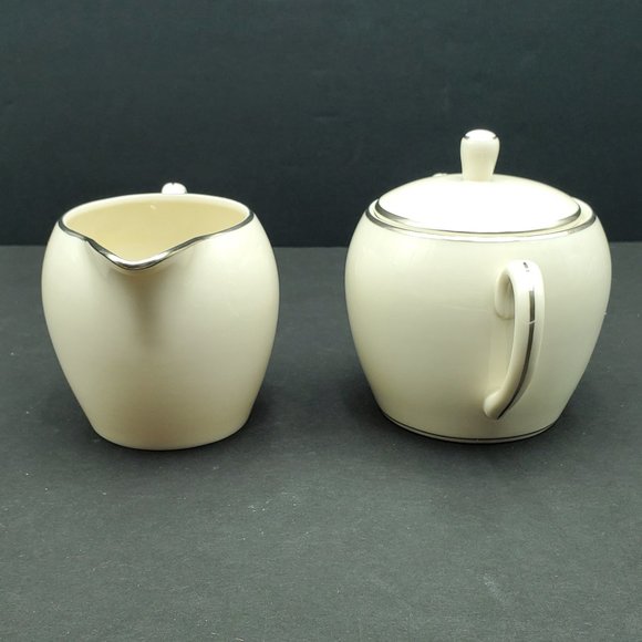 Pickard China Pristine Creamer & Sugar Bowl with Lid Ivory with Platinum Trim - Picture 3 of 10